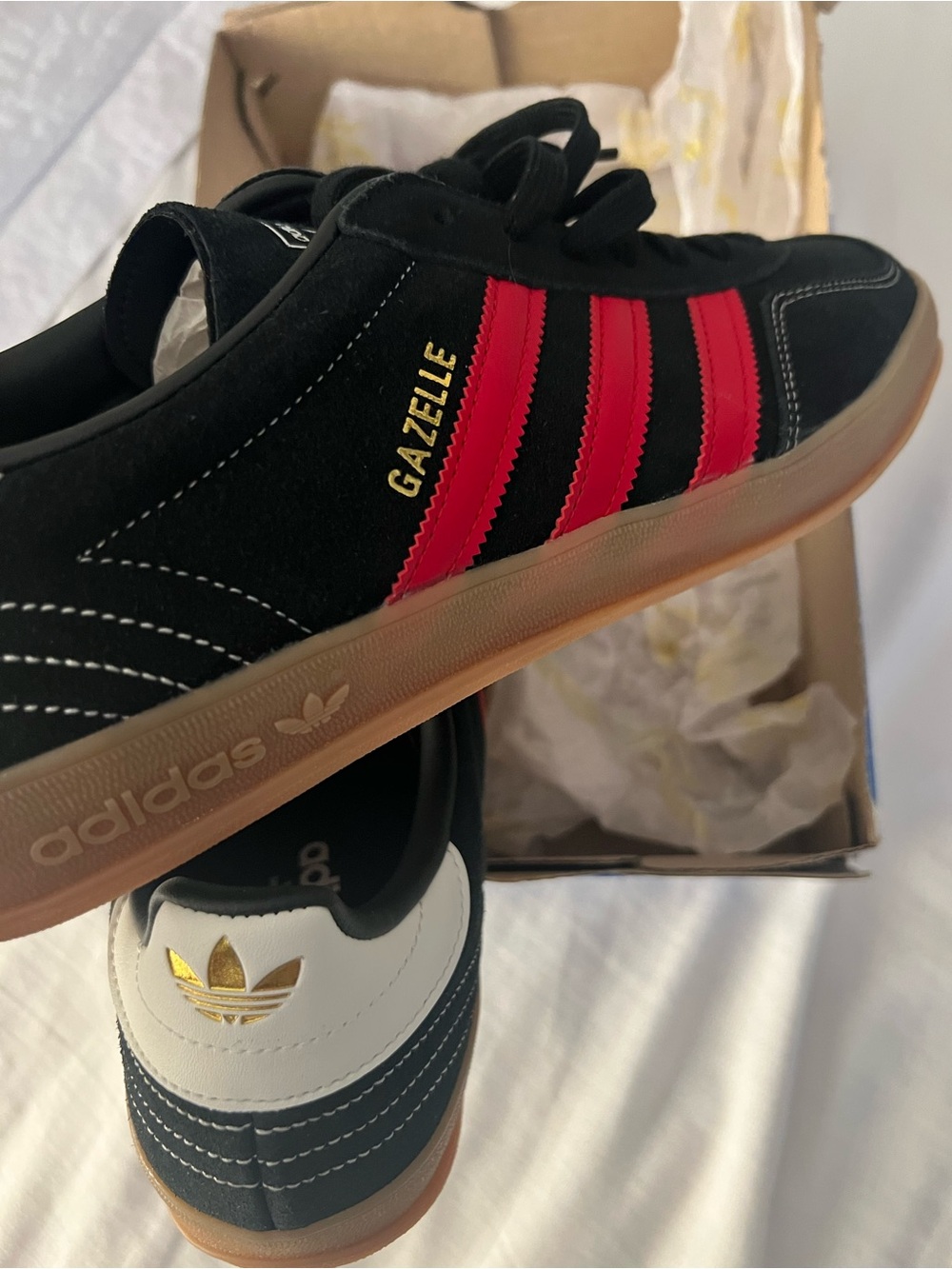 adidas Gazelle Black Sneakers with Red Stripes and Gum Sole